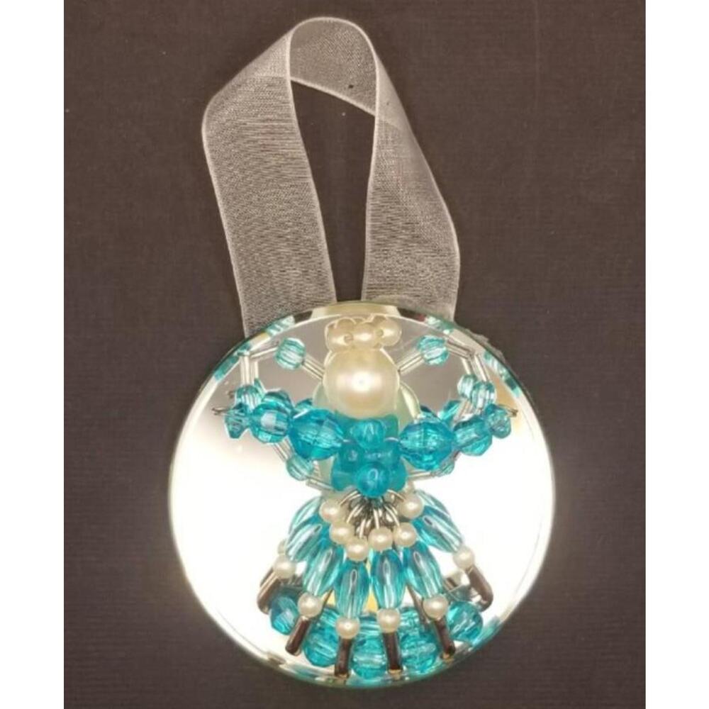 Vintage Beaded Angel Ornament on Mirror 2.5" Pearl Handmade Light Aqua Blue